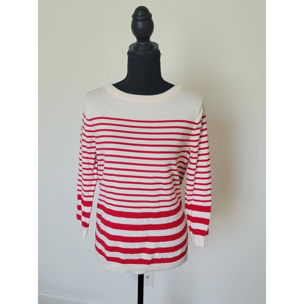 Lands' End Nautical Red White Striped 100% Supima Cotton Sweater Preppy Size S